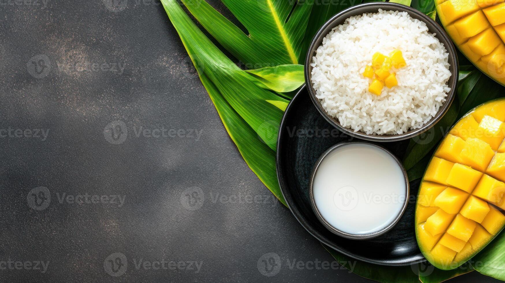 Mango sticky rice dessert presentation with palm leaf on dark textured background photo