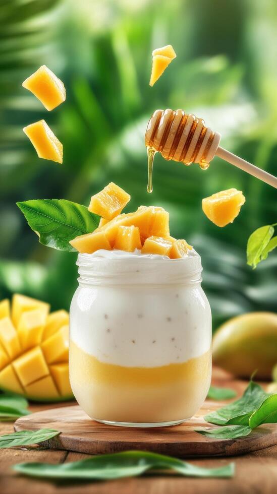 Mango yogurt dessert with honey drizzle on rustic wood, lush green background, for food blog photo