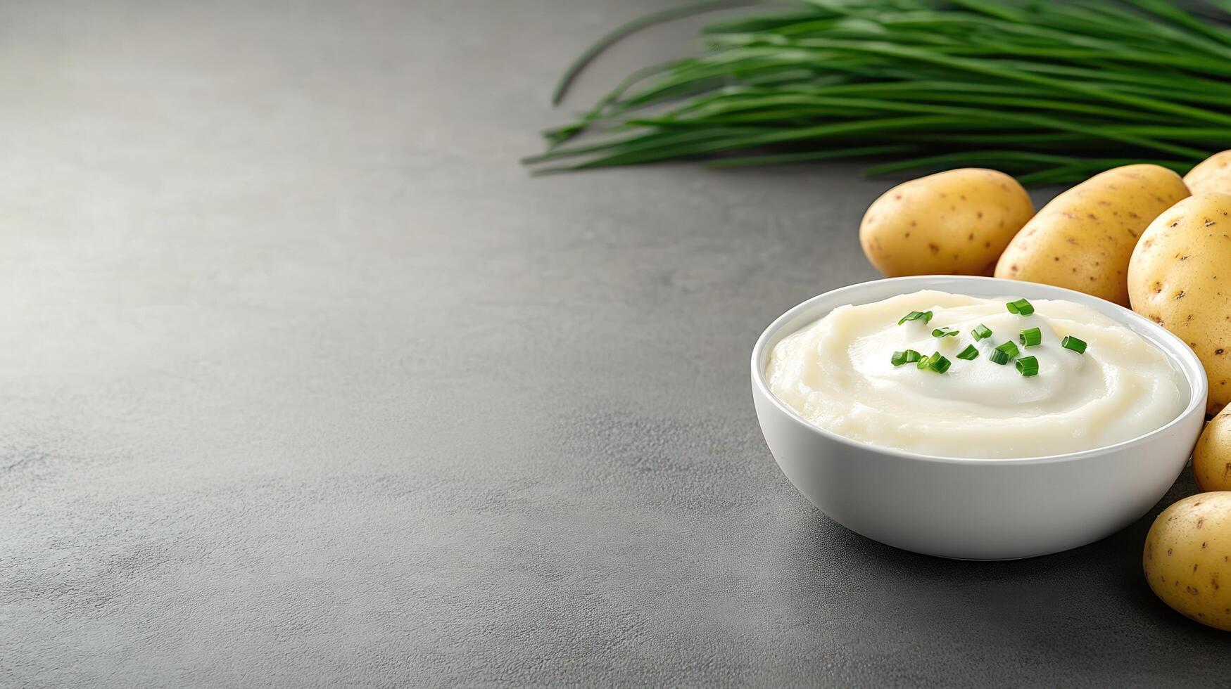 Mashed potatoes in a bowl, garnished with chives, with potatoes and chives, food photography photo