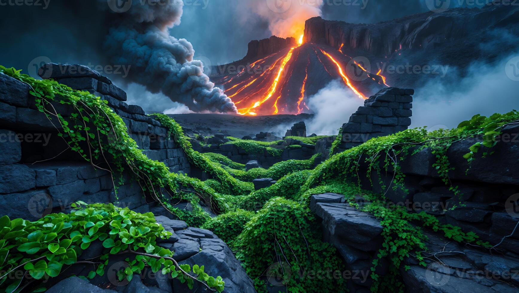 Lava Flowing Down Volcanic Mountainside Seen Through Overgrown Ancient Ruins photo