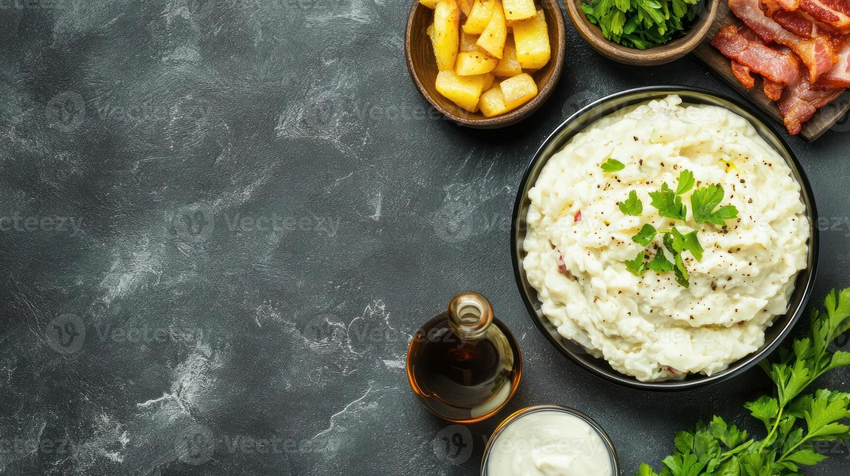Mashed potatoes meal with bacon and sauce on table ideal for food blog recipes photo