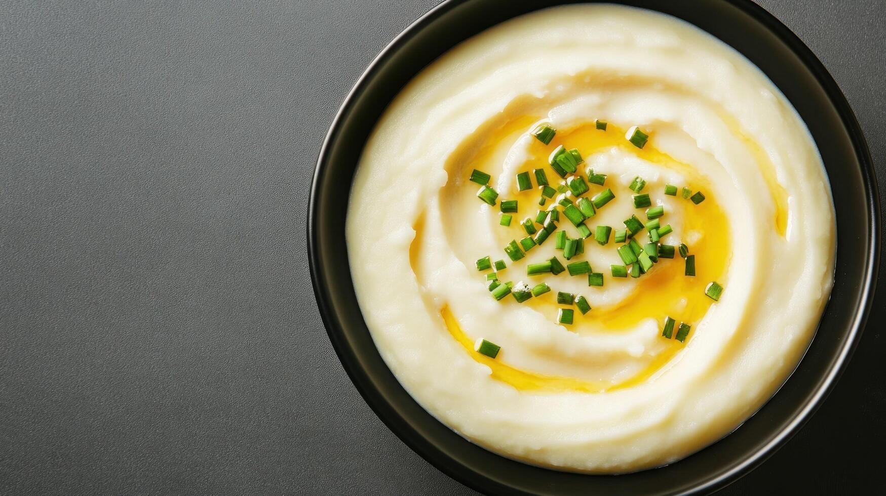 Mashed potatoes served in a bowl. Light oil and chives garnish. Food photography photo