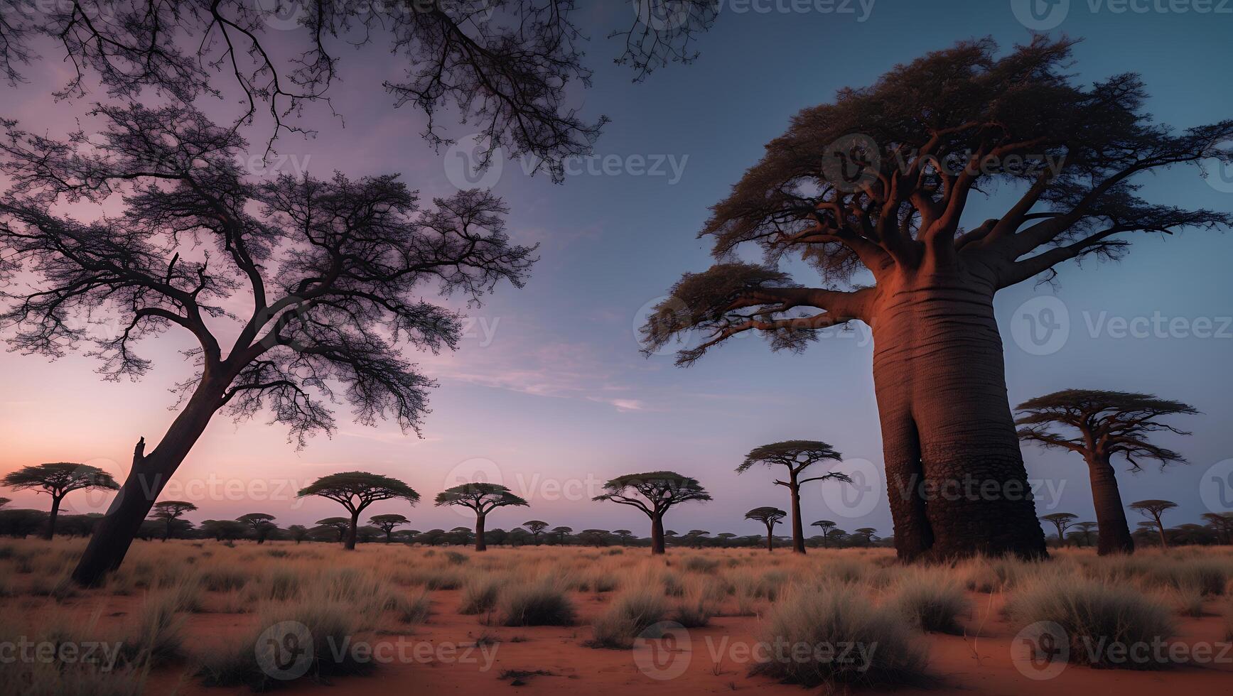 Observing Large African Trees in a Savannah Landscape at Dusk photo