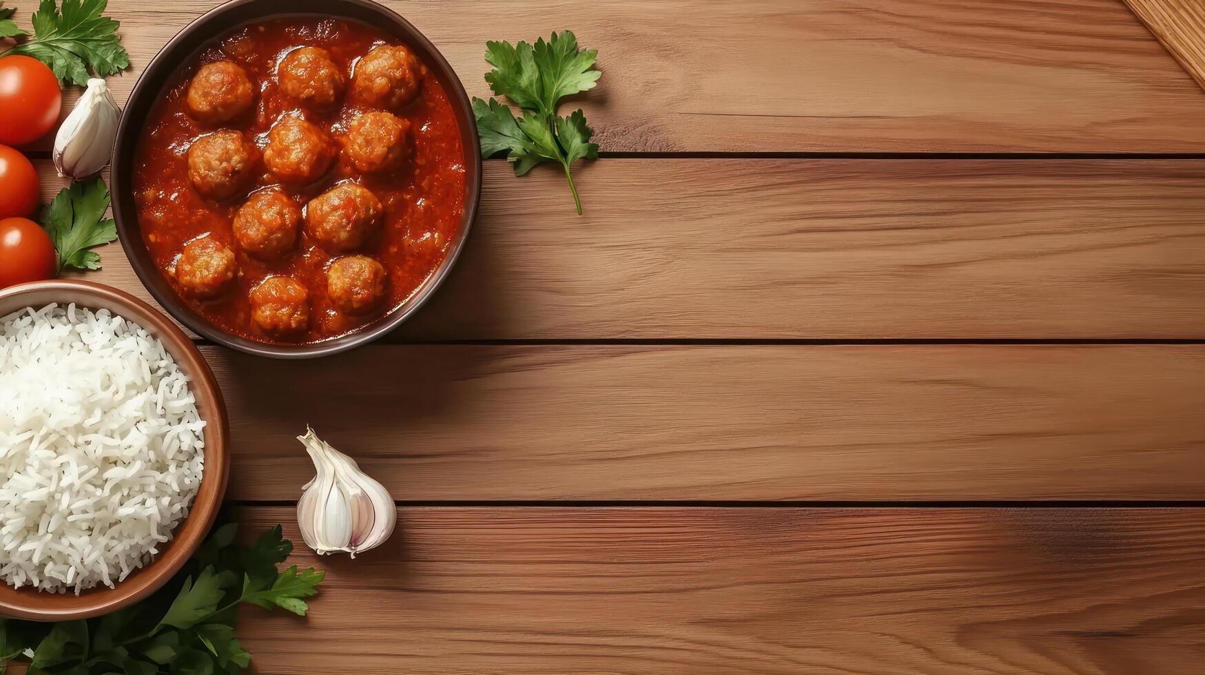 Meal presentation of meatballs in tomato sauce with rice on wooden table for meal concept photo