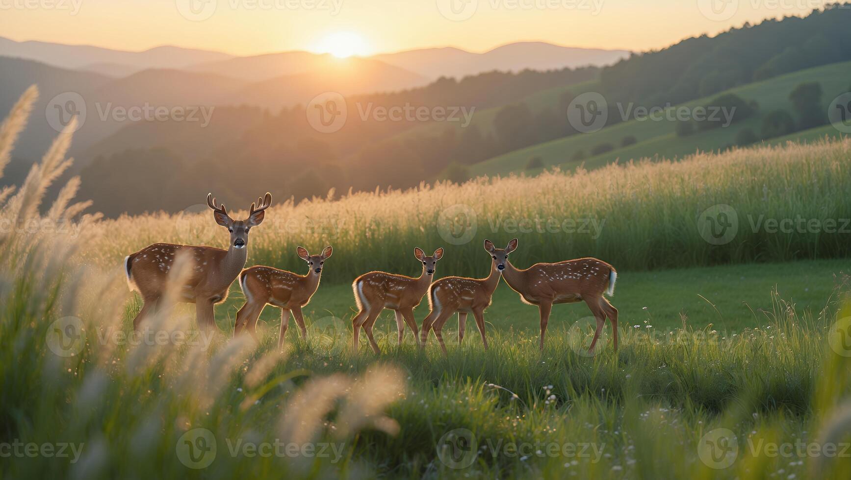 Deer Family Grazing in Meadow at Sunset with Mountains Background photo
