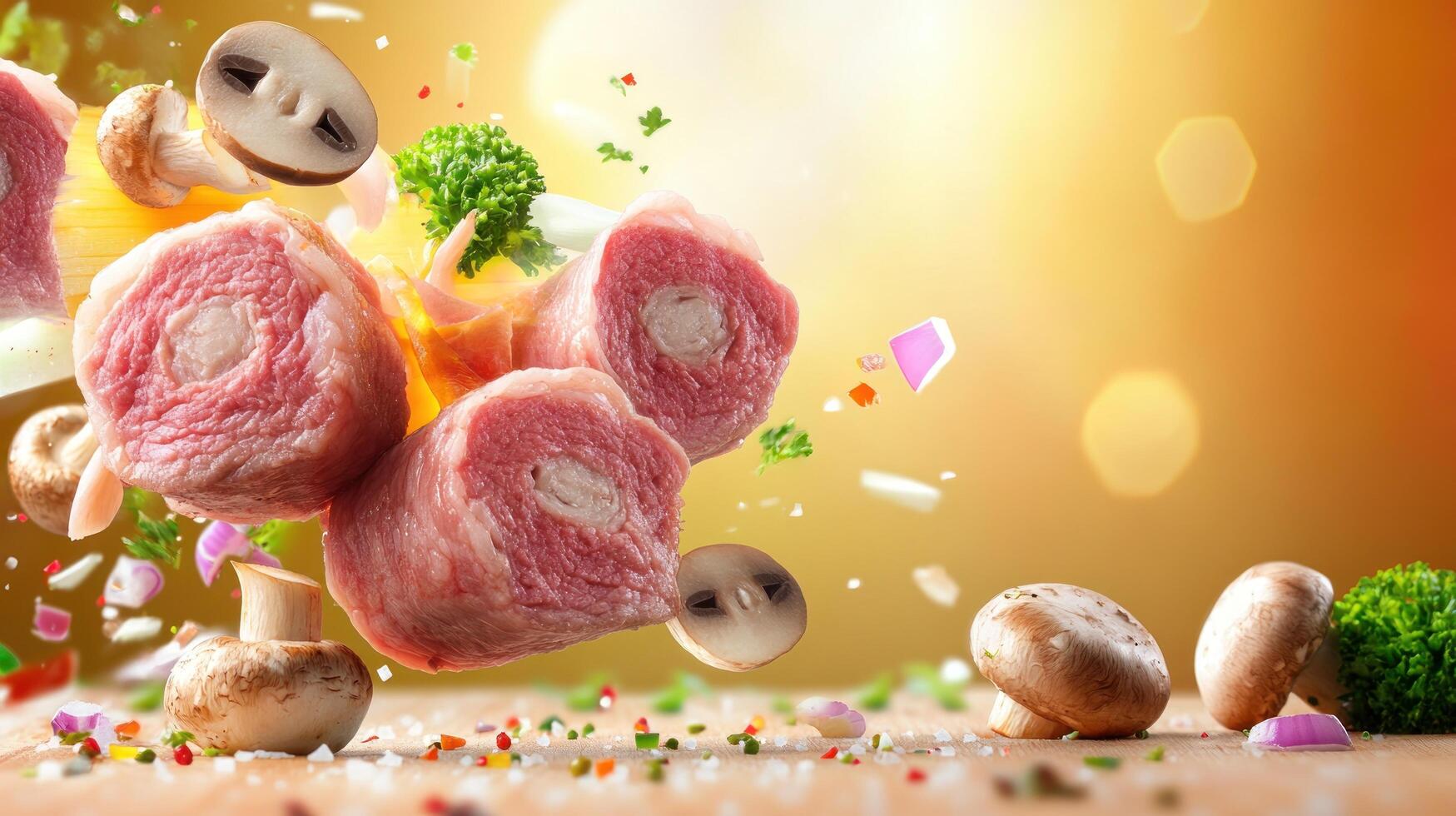 Meat and vegetables are flying in the air, can be used for food advertisement, healthy cooking photo