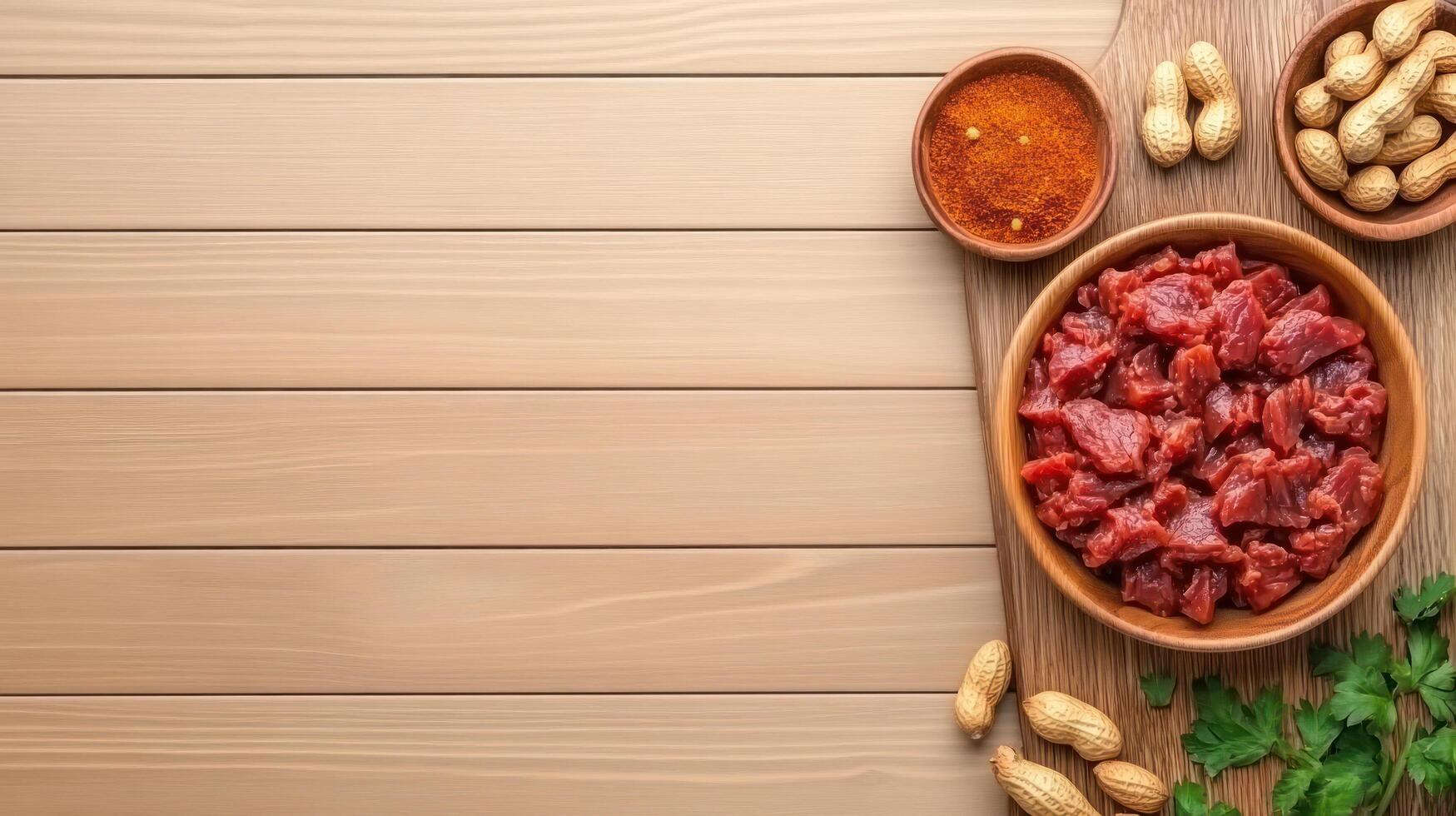 Meat dish preparation, spices, nuts on wood table, culinary, recipe, cookbook usage photo