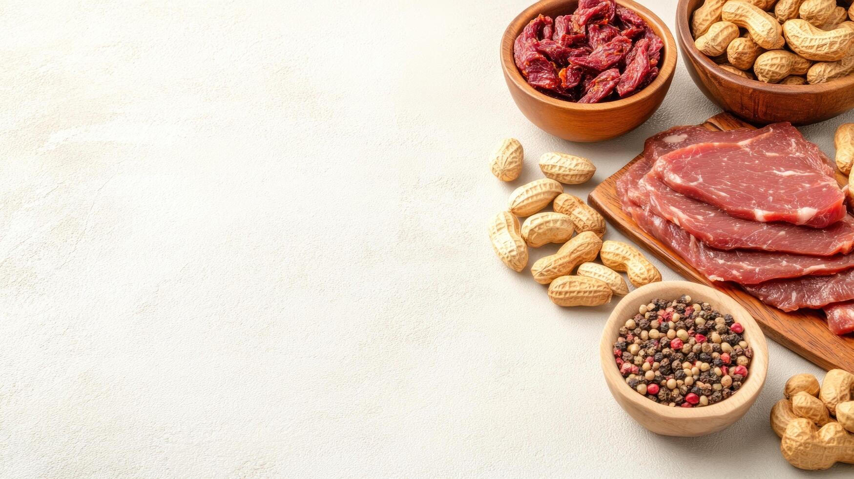 Meat jerky and nuts in bowls are ready to eat. Background is blurred, with neutral color. Stock photo