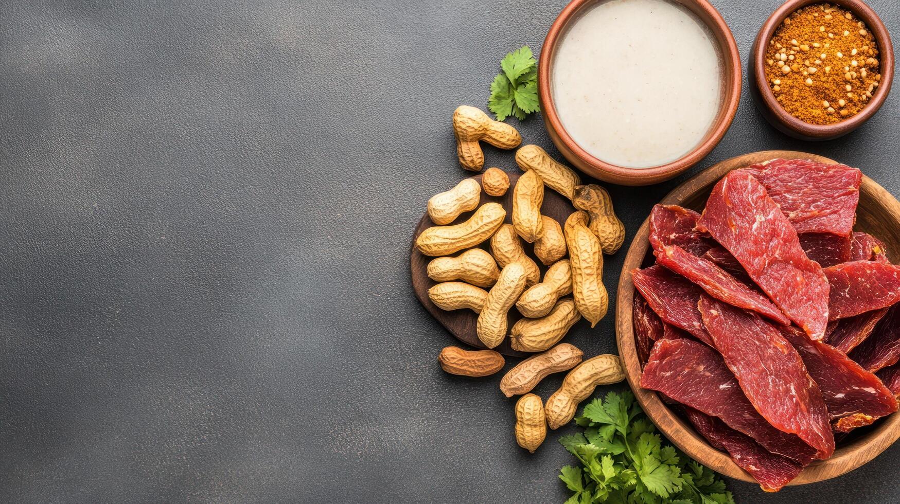 Meat jerky, peanuts, spices and sauce in bowls on dark table, food photography photo