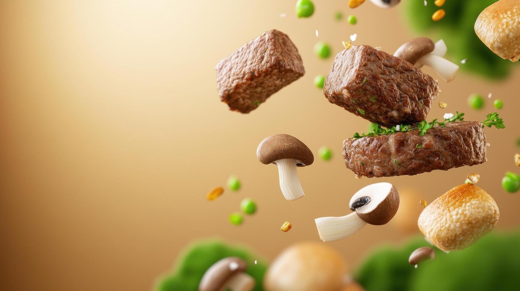 Meat, mushrooms and greens floating on yellow background for food blog recipe ad photo