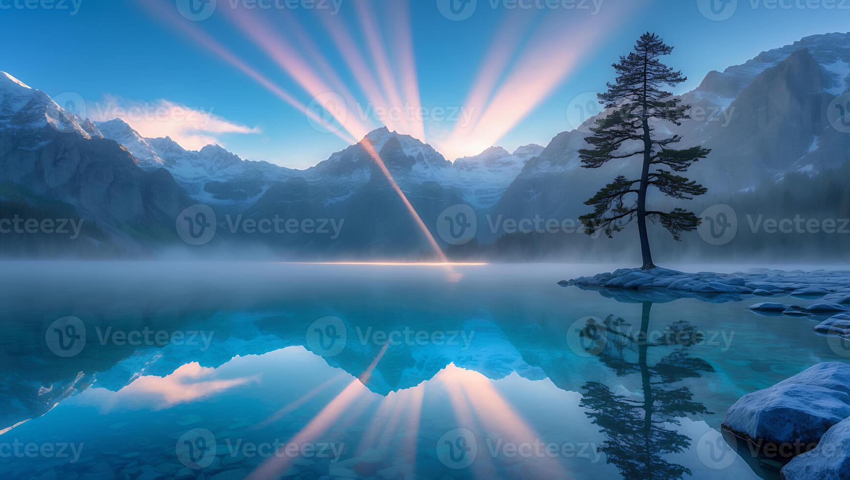 Mountains Reflecting in Calm Lake with Sun Rays and Solitary Tree photo
