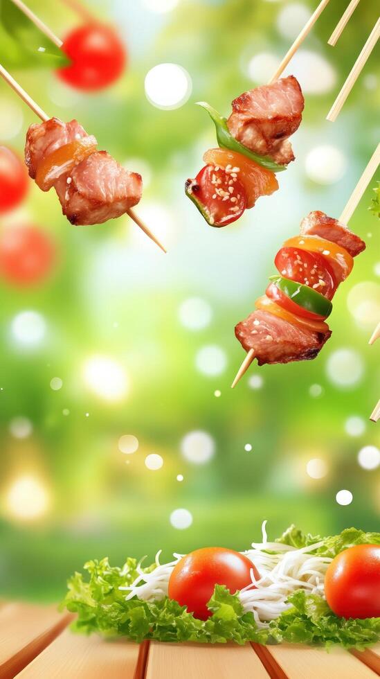 Meat skewers with veggies on sticks, flying over salads. Outdoor dining, food blog image photo