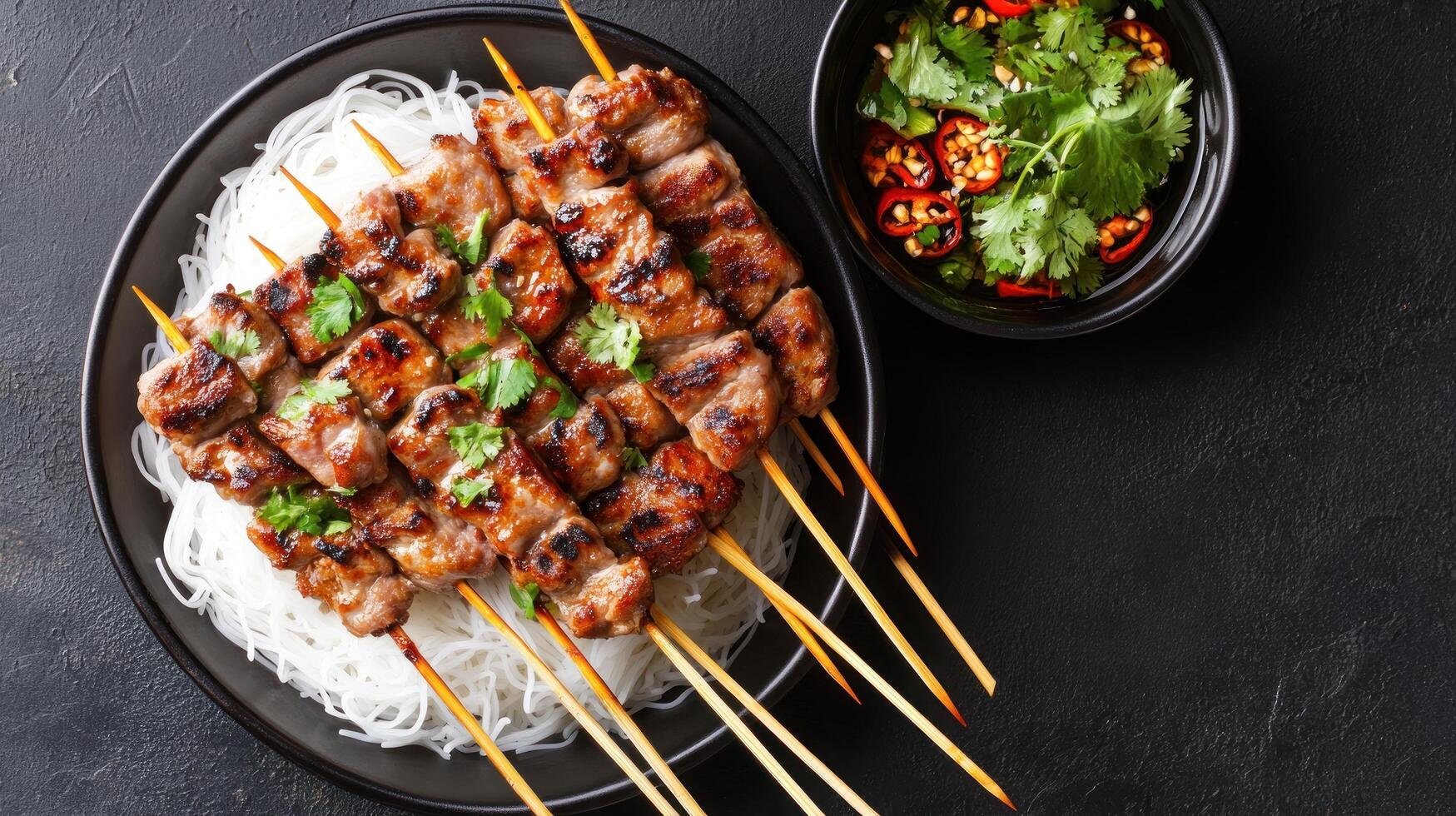Meat skewers on noodles and dipping sauce served on a dark stone plate. Recipe blog photo