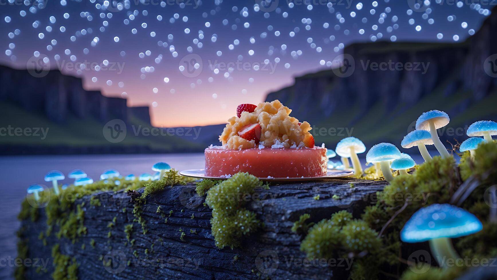Pink Cake with Strawberries on a Mossy Ledge with Mushrooms photo
