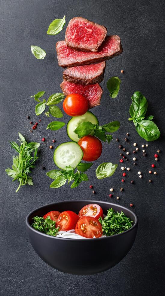 Meat slices falling into a bowl of salad on a dark table. Good for recipe blog photo