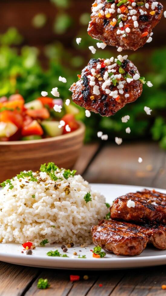 Meatballs falling onto plate with rice and salad. Culinary background. Food photography photo