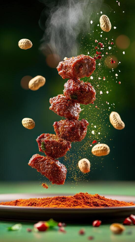 Meatballs levitating over a dish with peanuts and spices on a plate. Background bokeh photo