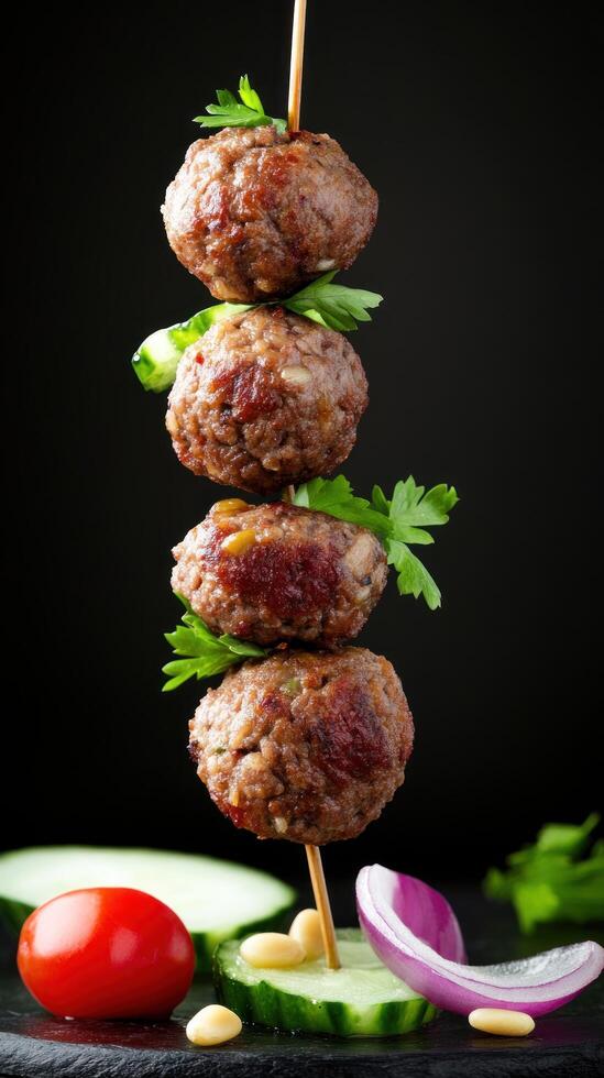 Meatballs on a skewer with veggies against a dark background, suitable for food presentations photo