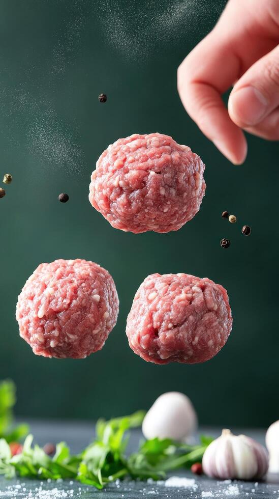 Meatballs levitating, hand reaching, pepper, garlic around. Food preparation concept photo