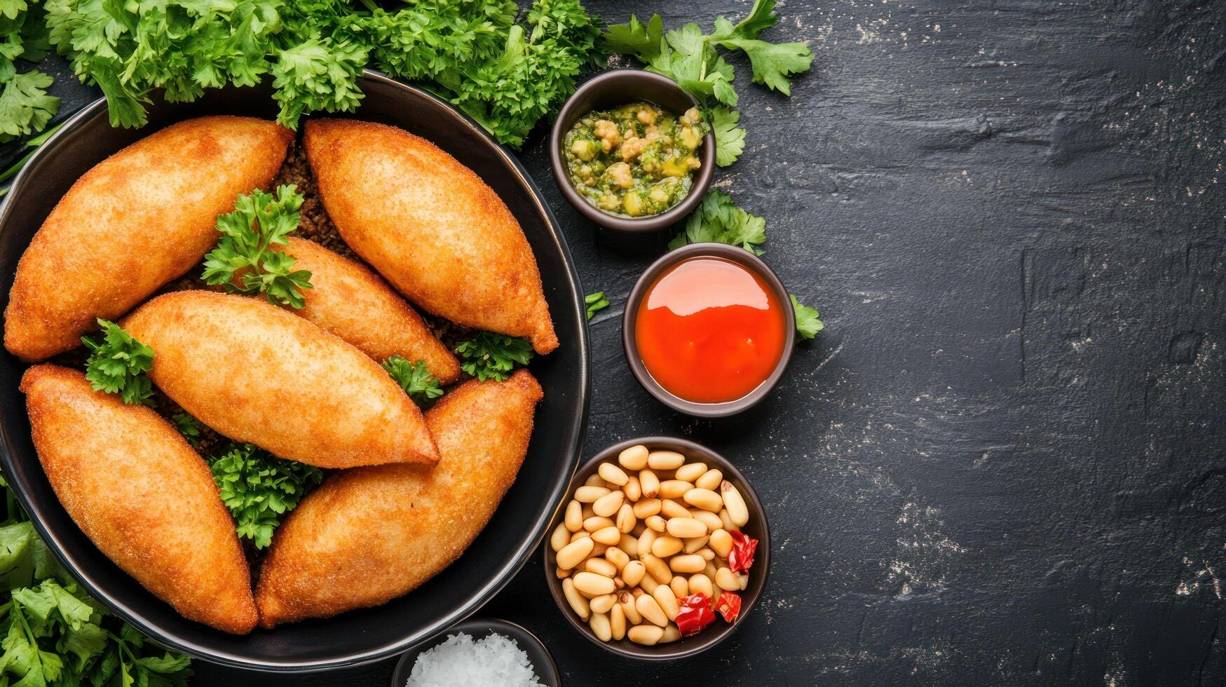 Middle Eastern fried kibbeh platter with sauces on dark surface used for gourmet restaurant menu photo