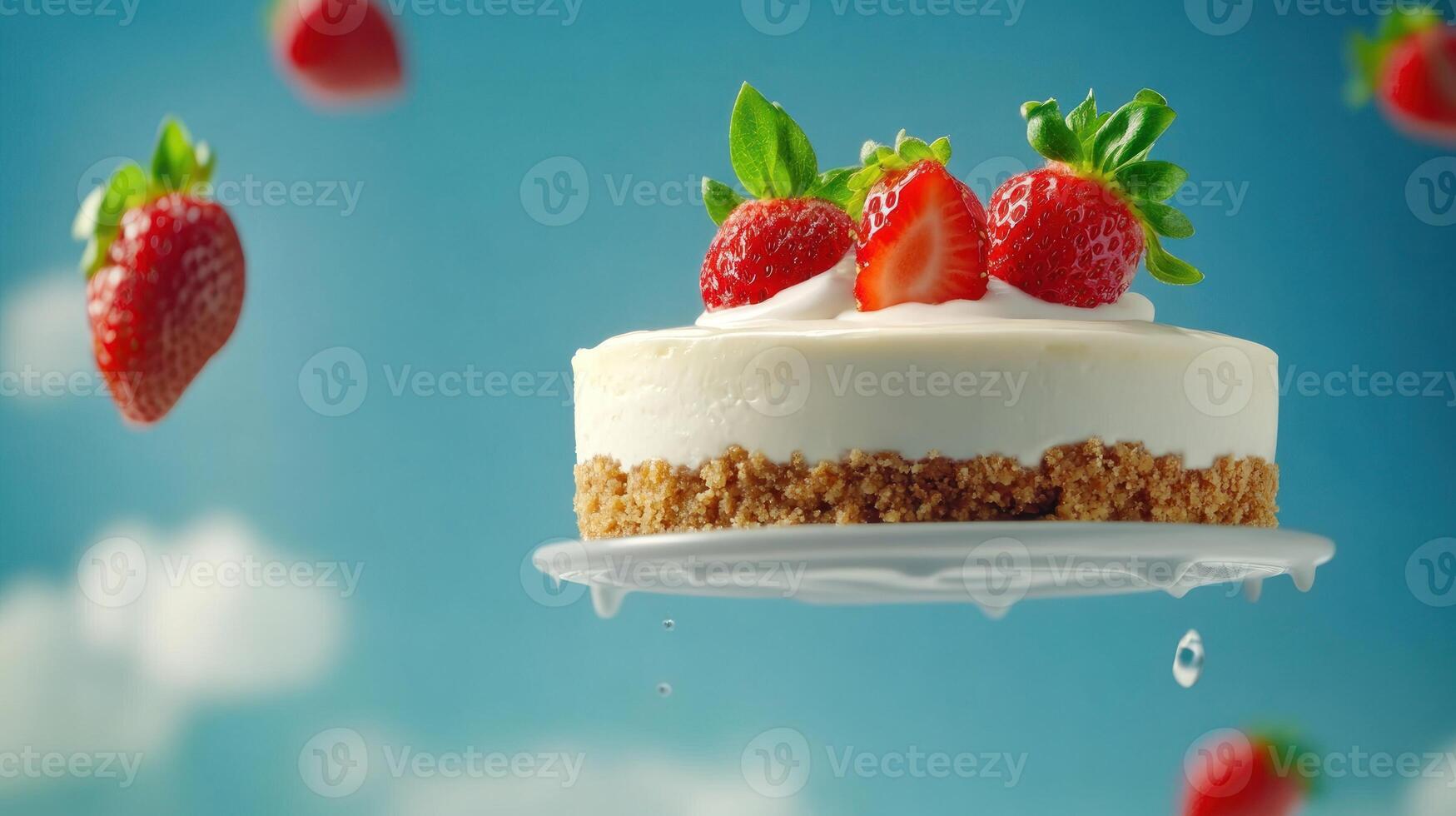 Mini cheesecake with strawberries on a plate floating with falling strawberries in a blue sky photo