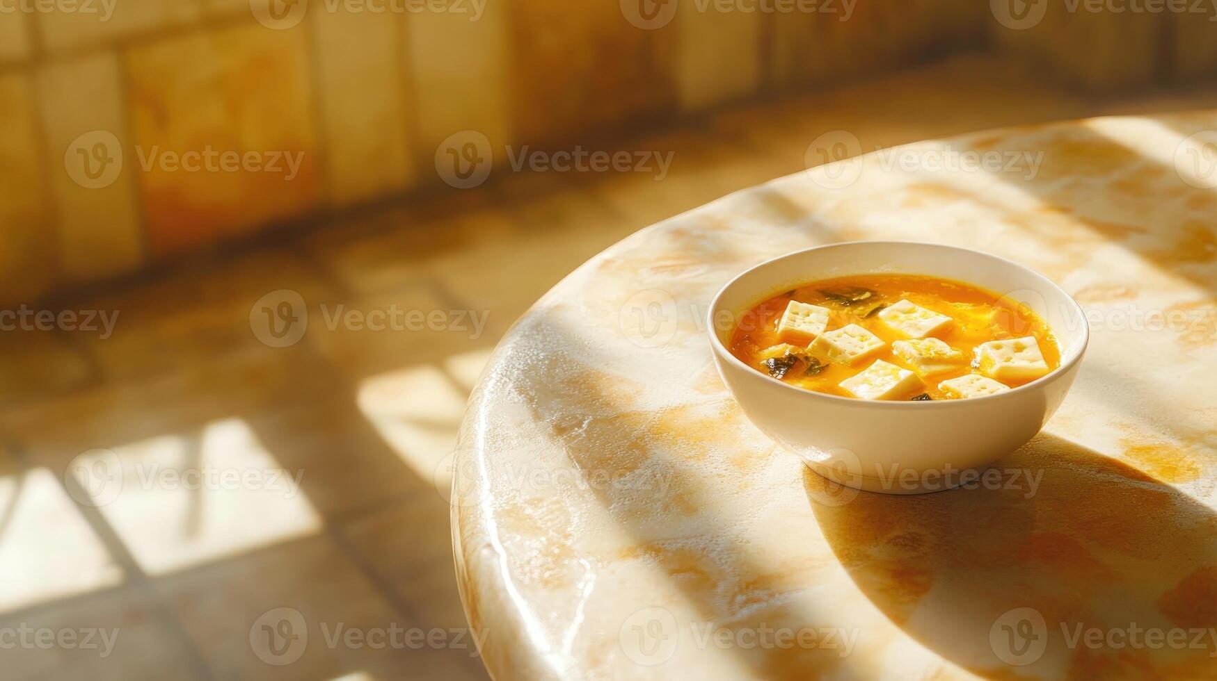 Miso soup steaming on a stone table with sunlight, used for menu or food blog ads photo