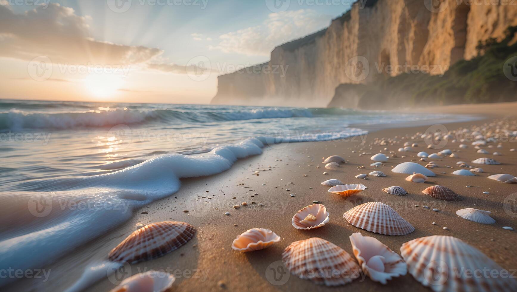 Seashells on Beach with Gentle Waves at Sunrise Scenic View photo