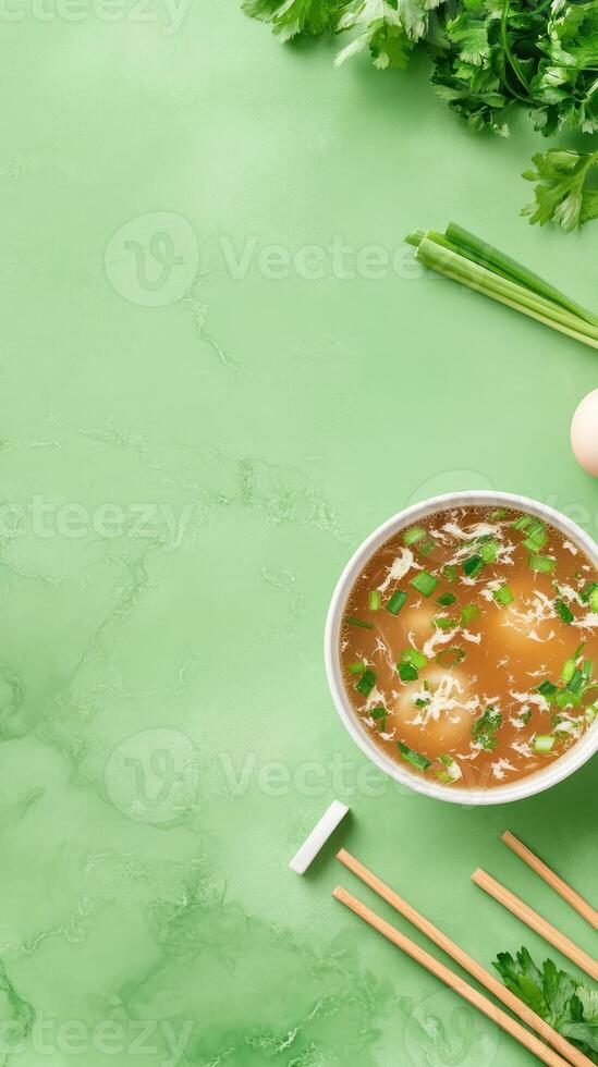 Miso soup with scallions in white bowl on green stone table, advertisement, cooking background photo