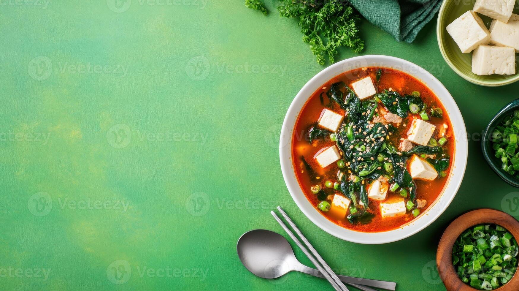 Miso Soup with Tofu and Seaweed Food photography for menu or cookbook, on a green background photo