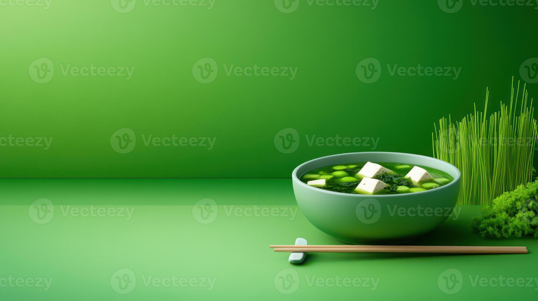 Miso soup with tofu in bowl on green table top healthy lunch ingredient, advertising photo