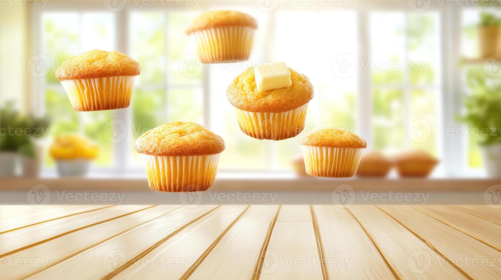Muffins float above a table in bright kitchen. Home baked goods for breakfast concept photo