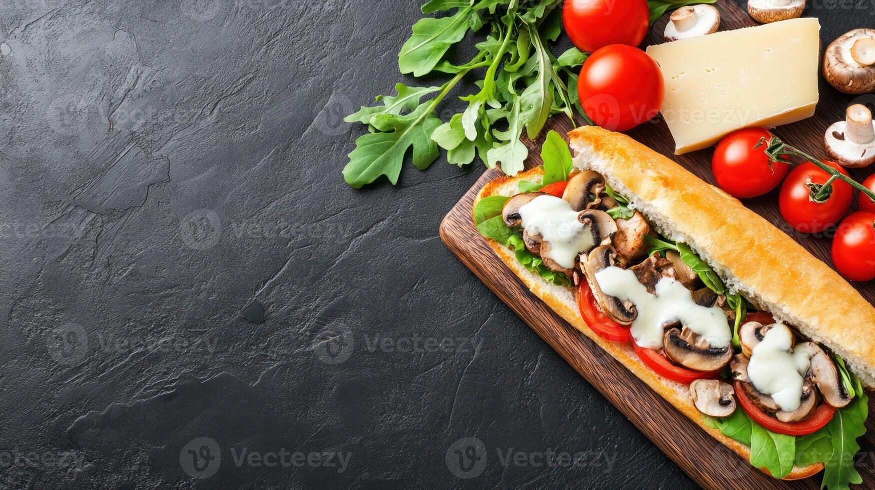 Mushroom and cheese sandwich with salad, food concept for restaurant menu photo