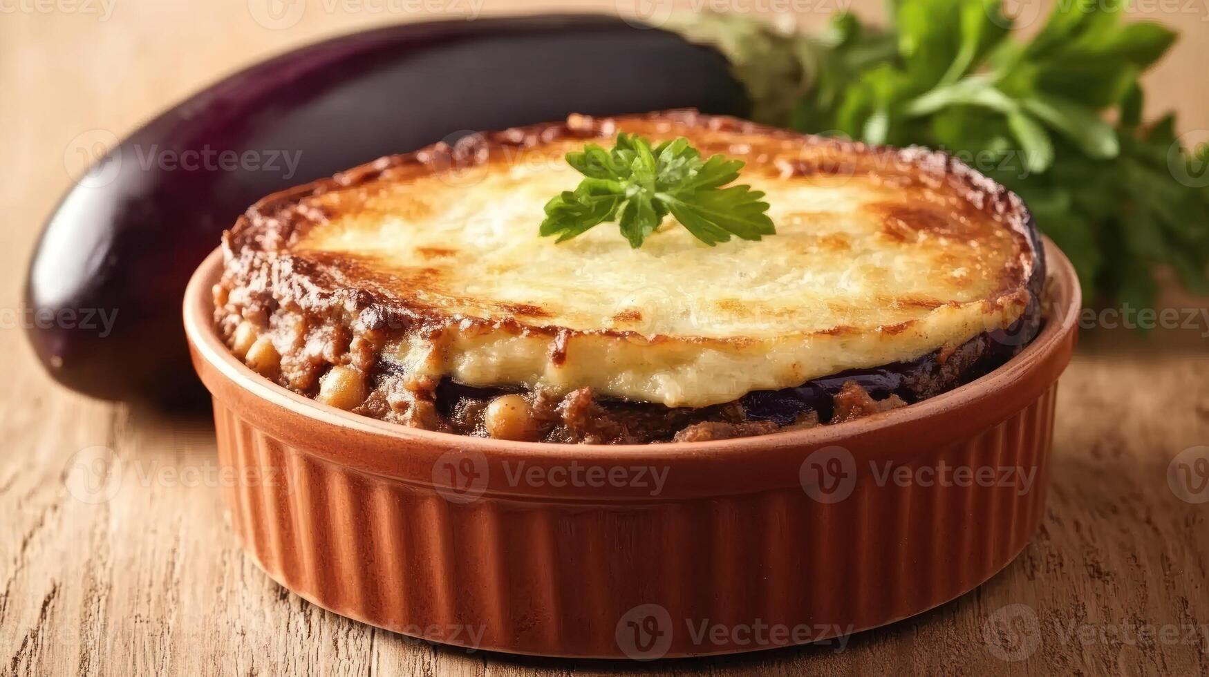 Moussaka dish with eggplant on a wood surface ready to be served as a meal photo