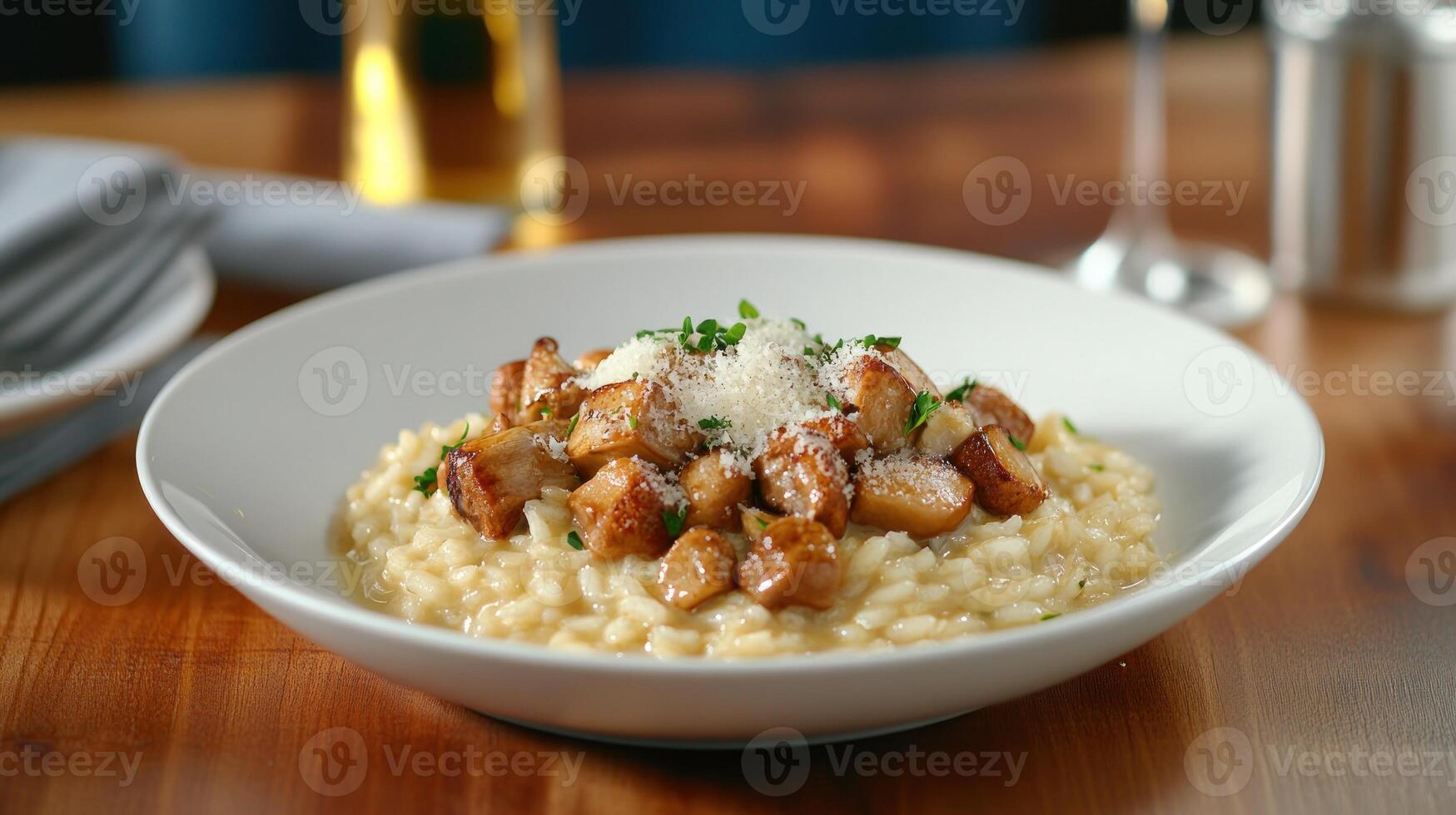 Mushroom risotto bowl served on wooden table, dinner setting with beer, juice and napkin background photo