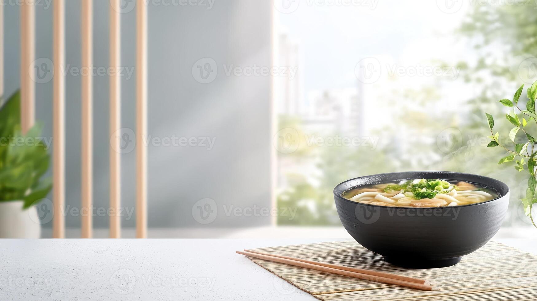 Noodle bowl, on table, in kitchen. Window view. Restaurant menu, cookbook illustration photo