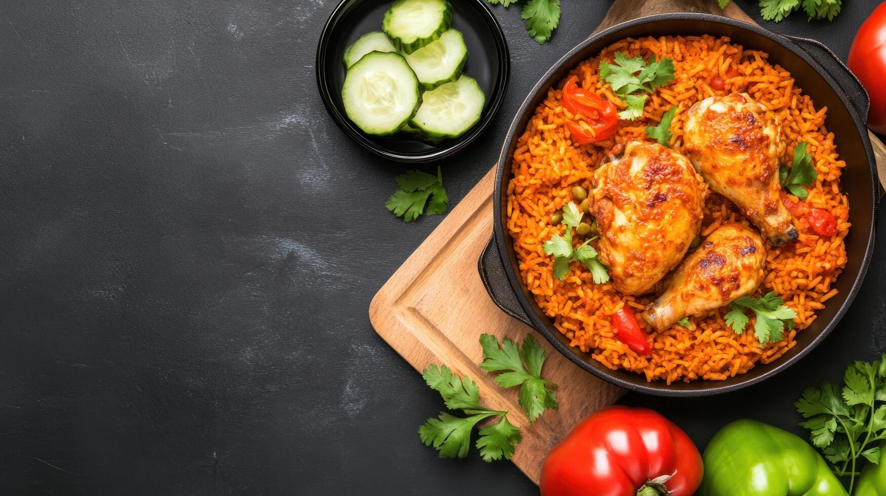 Nigerian Jollof Rice with chicken, cucumbers tomatoes arranged on a dark background, overhead shot photo