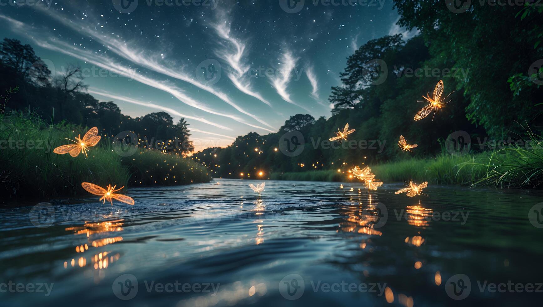 Fireflies Floating Over River at Night with Starry Sky Above photo