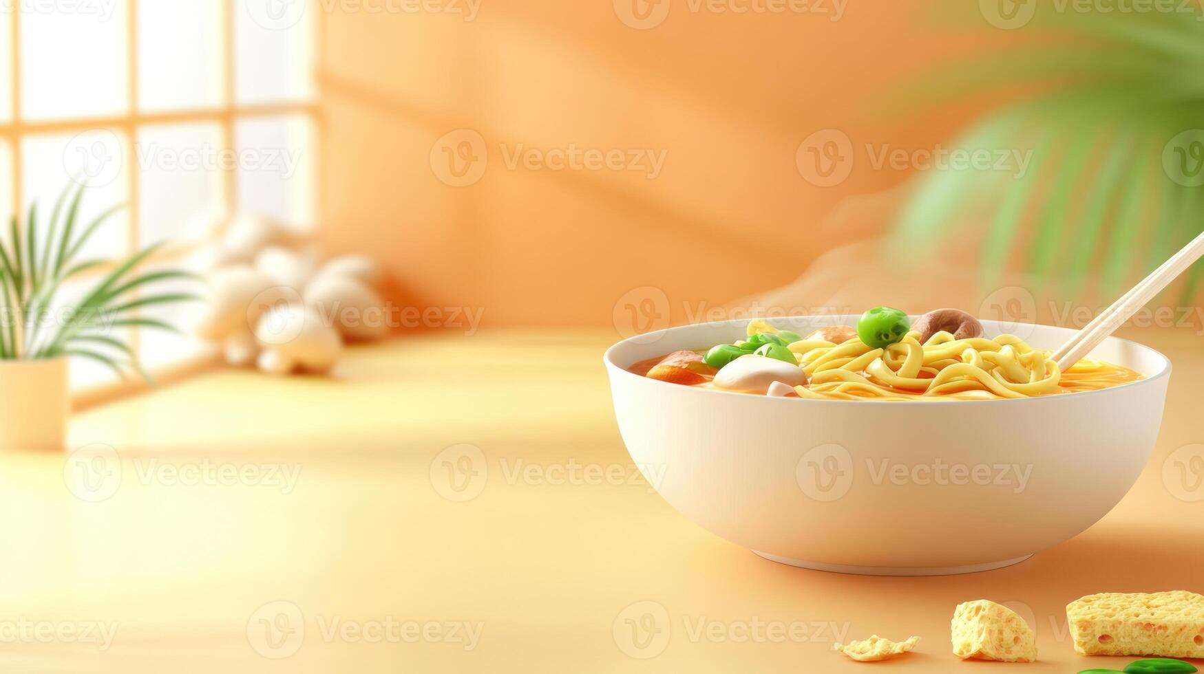 Noodle bowl with chopsticks in home background for Asian cuisine recipe or restaurant promotion photo