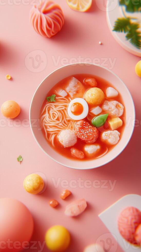 Noodle bowl with fish, egg, vegetables, and red broth on pink background, suitable for food blogs photo