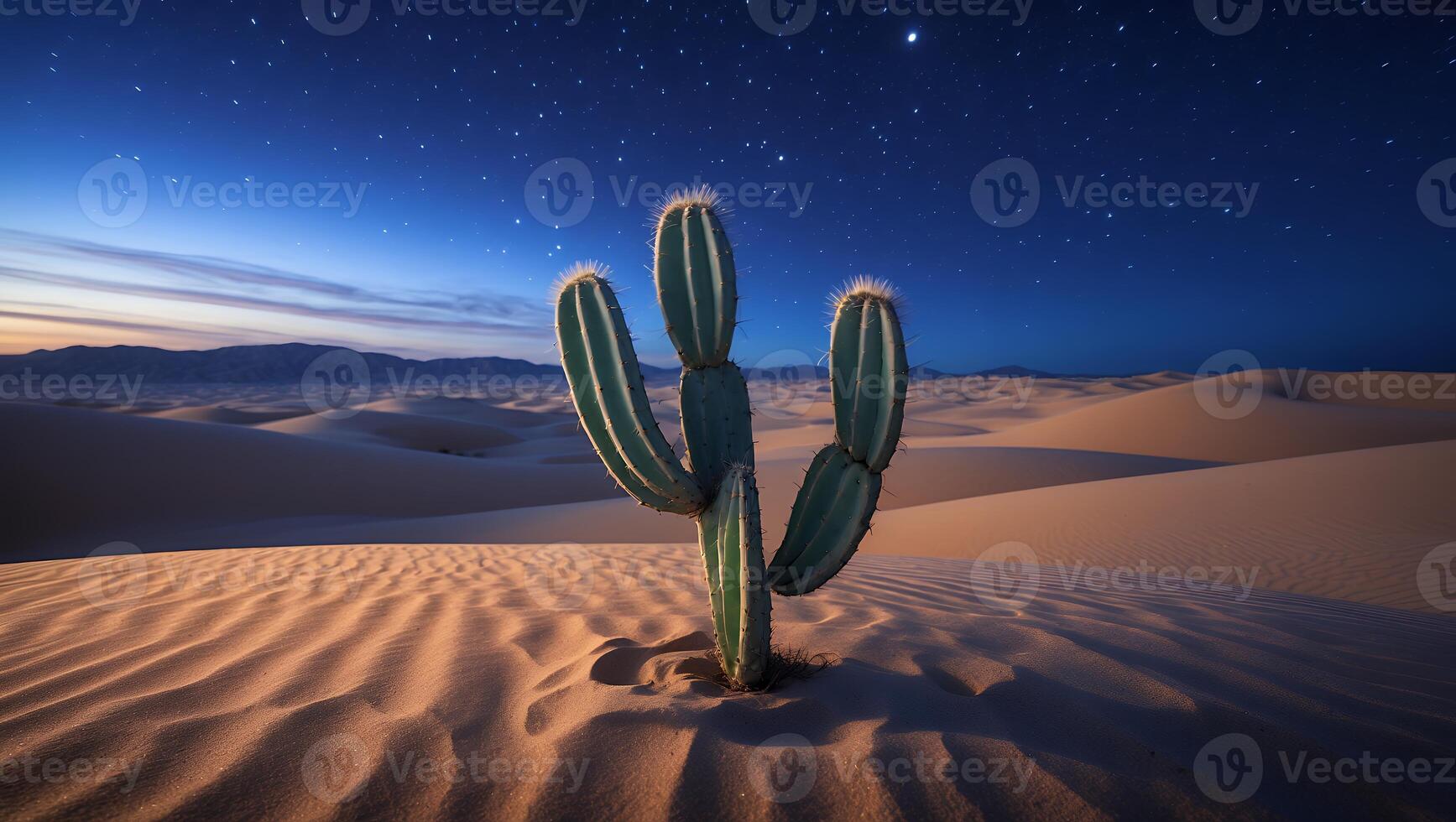 Cactus Standing in Desert at Night with Starry Sky Above photo