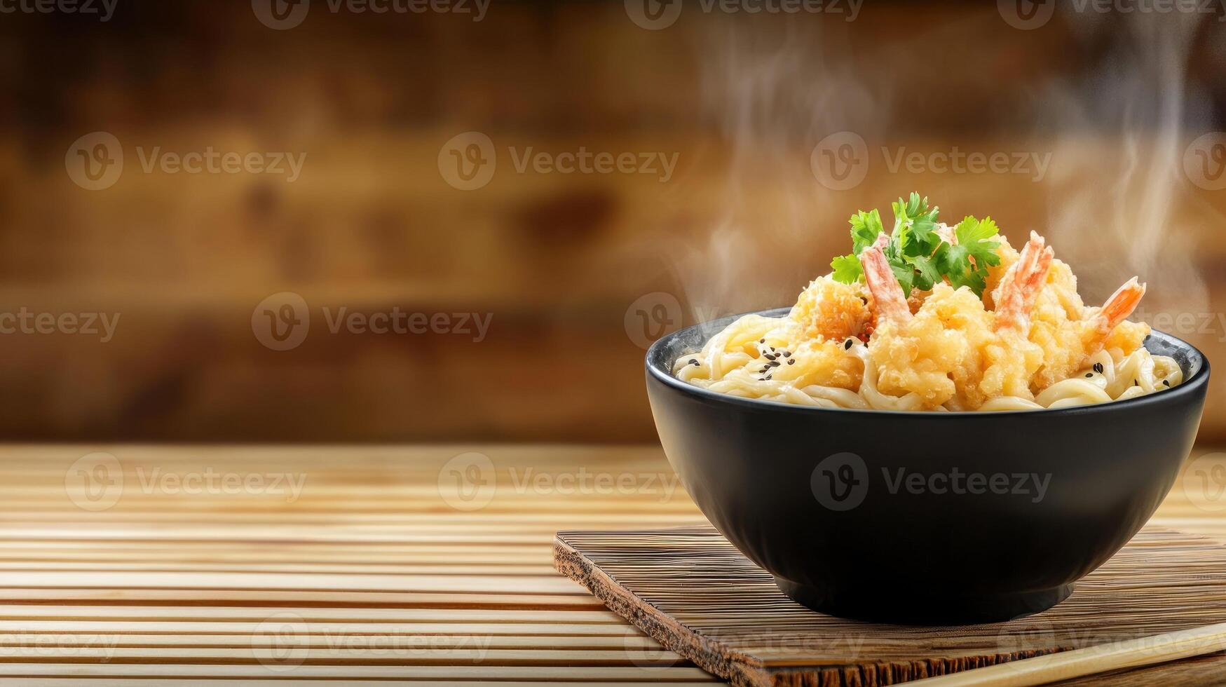 Noodle bowl with shrimps served. Background wooden textured. Possible use restaurant menu photo