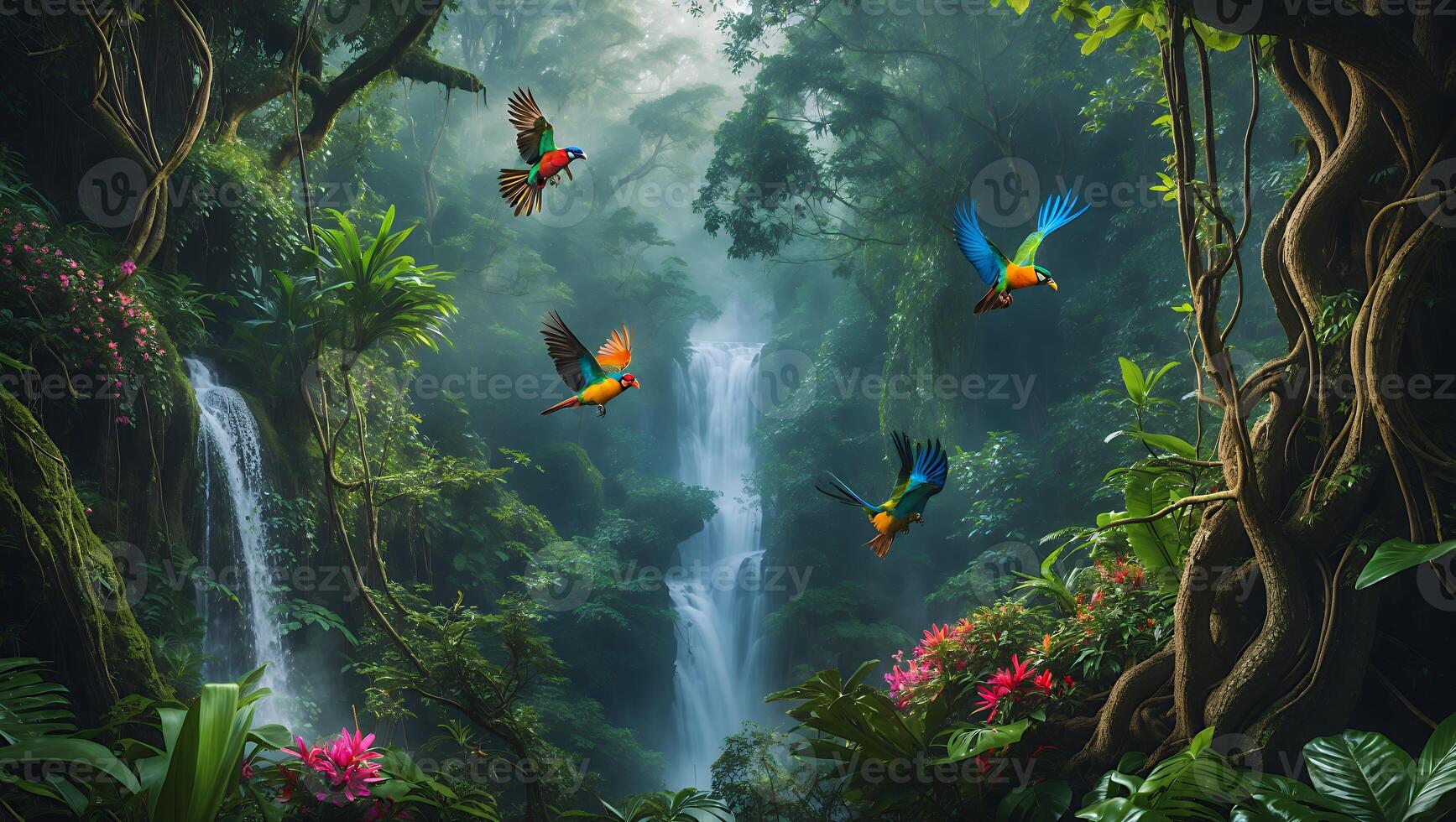 Flying Parrots Over Jungle Waterfall with Lush Green Forest Scenery photo