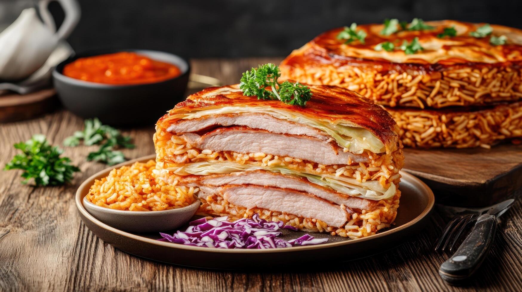 Noodle cake cut with pork inside, next to sauce. Possible recipe photo
