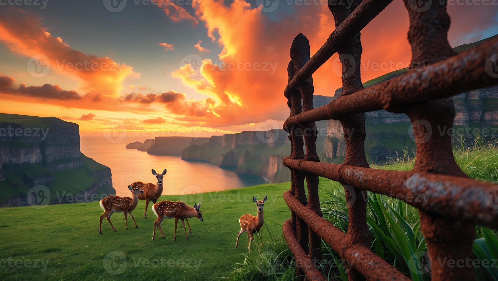 Deer Grazing on Green Hillside at Sunset with Rusty Fence photo