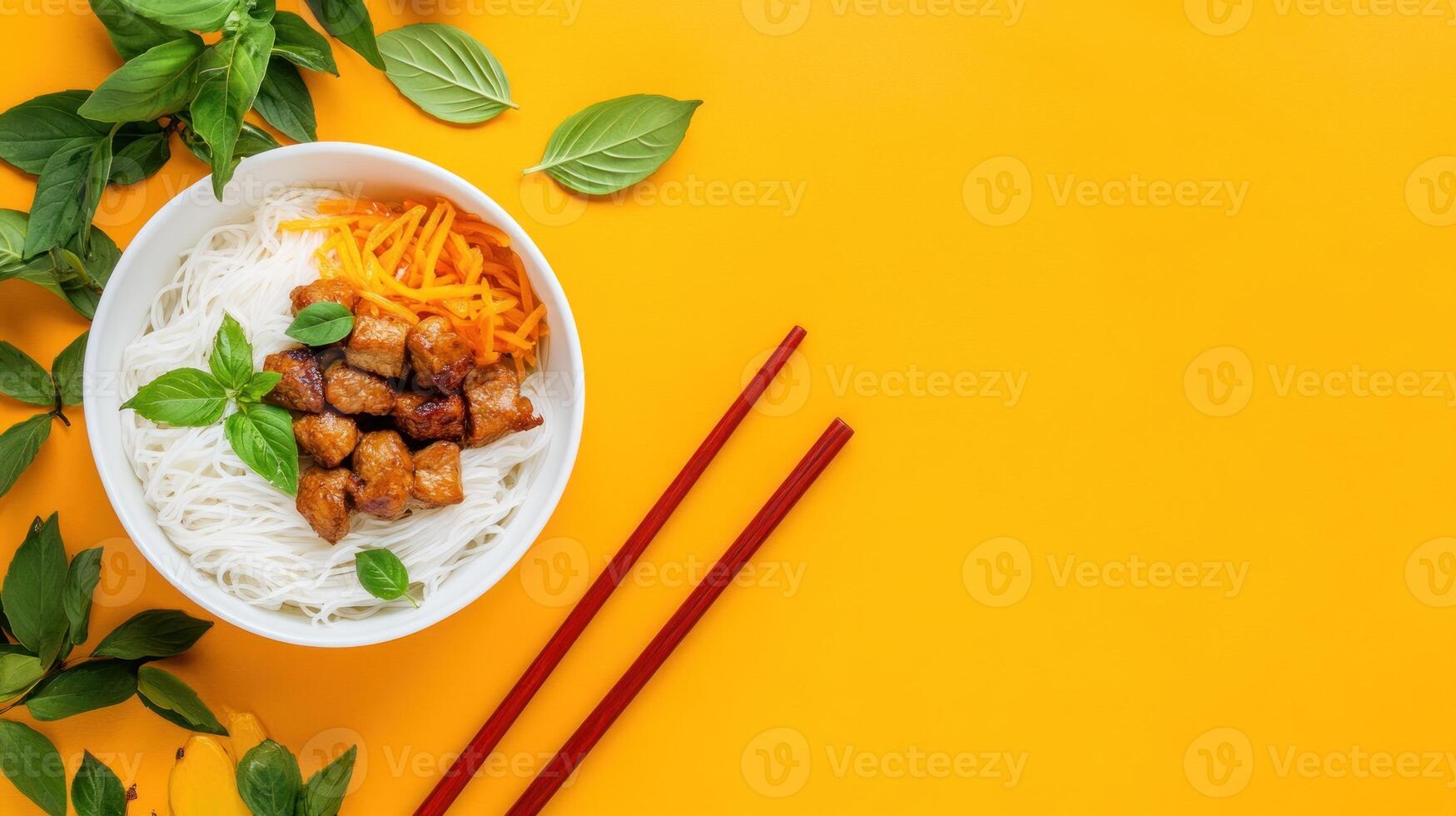 Noodle bowl with meat and vegetables. Overhead flat lay, food presentation. Copy space, social media use photo