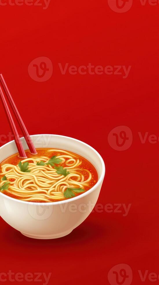 Noodle soup bowl with chopsticks on red background, advertisement, asian cuisine, restaurant, food photography photo