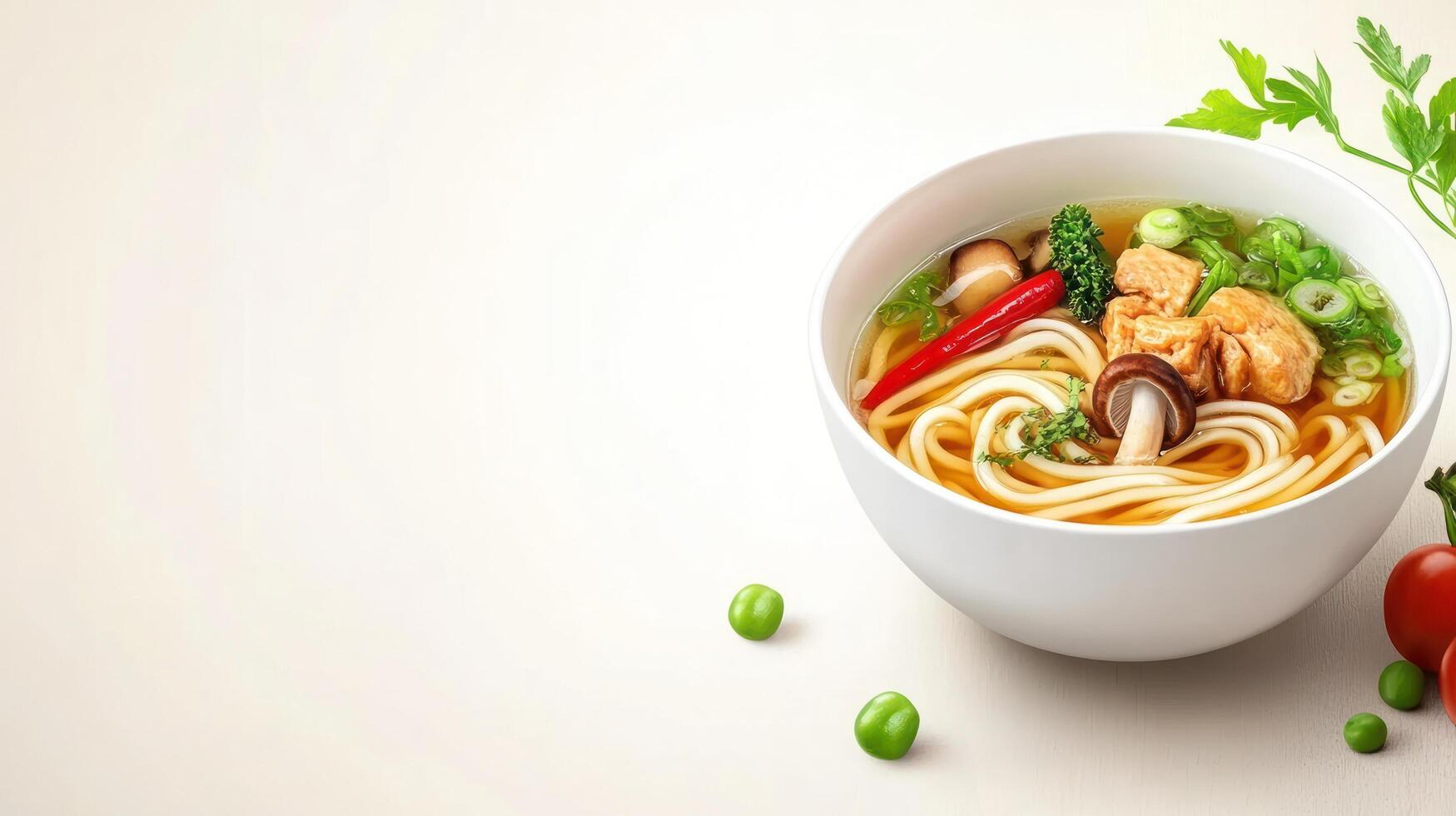 Noodle Soup Delicious broth with toppings. Culinary delight photo