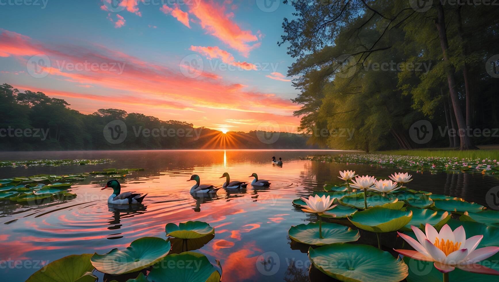 Ducks Swimming in Lake at Sunset with Lily Pads and Reflection photo