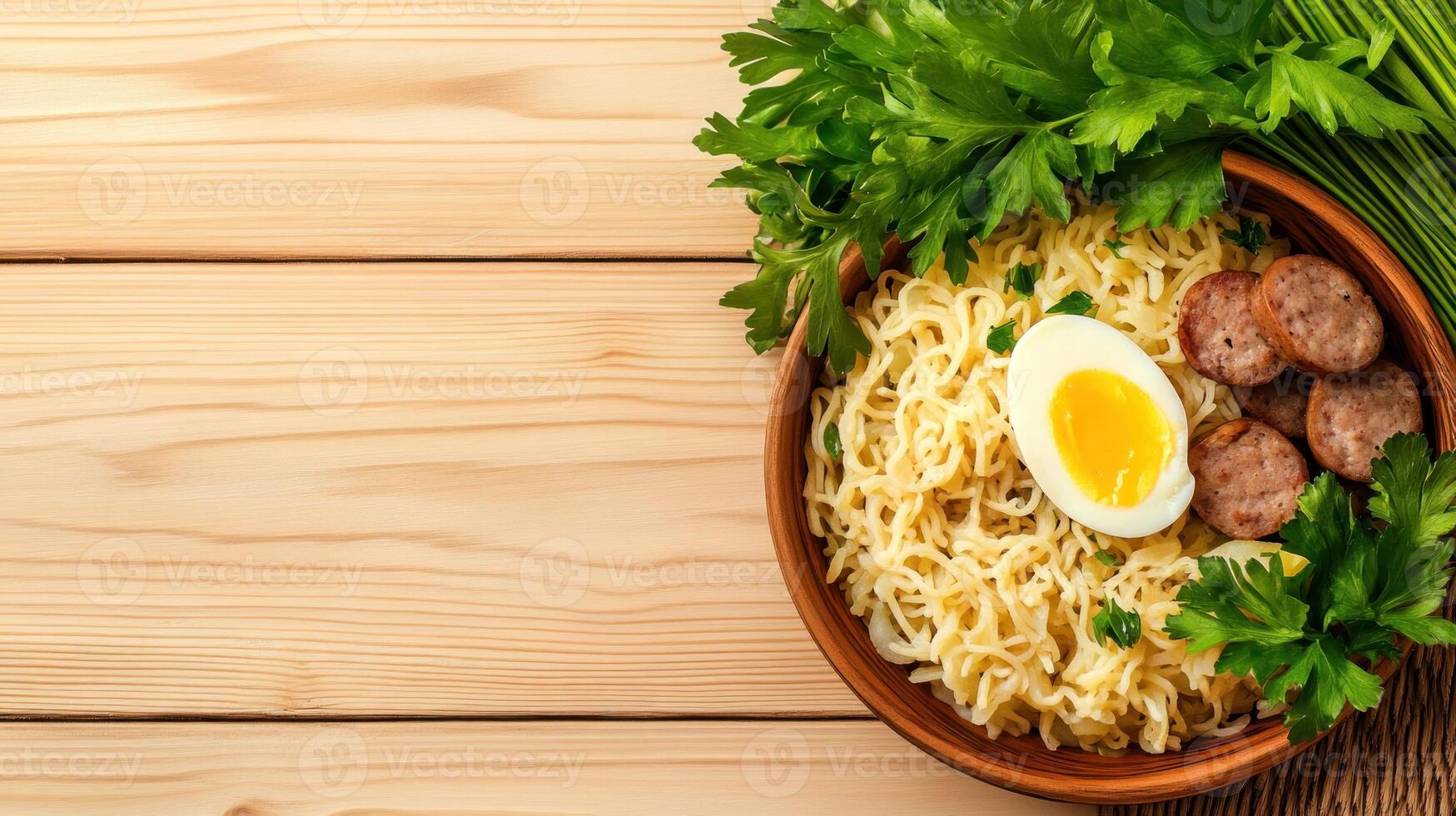 Noodle dish with egg and sausage on a wooden table. Food photography for recipe blog photo