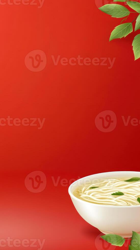 Noodle soup in a bowl with basil leaves on red background for food advertising photo